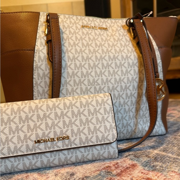 Michael Kors Handbags - Michael Kors Tan and Cream Signature Bag and Wallet